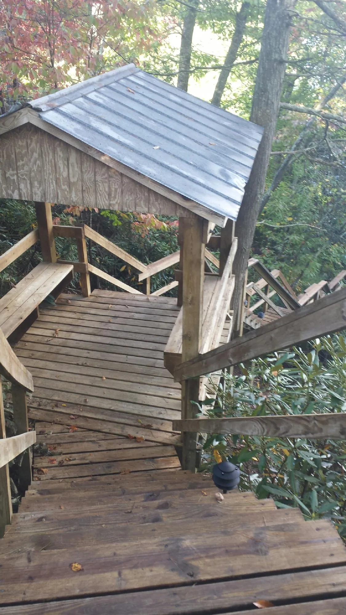 Metal roofed shelter over wooden steps on a wooded walkway — Skylight Repair & Installation work by our crew in Del Valle